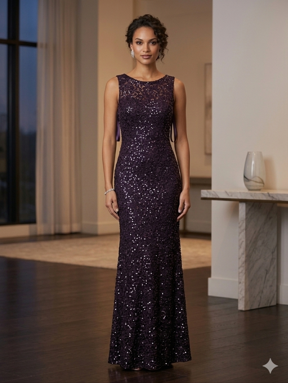 IGNITE EVENINGS Purple Lace Sequin Gown Formal Dress Size 14 Prom Wedding Guest